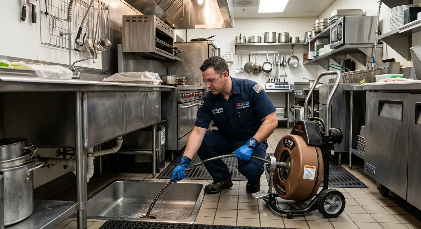 Commercial drain cleaning service in a restaurant kitchen in East Hampton