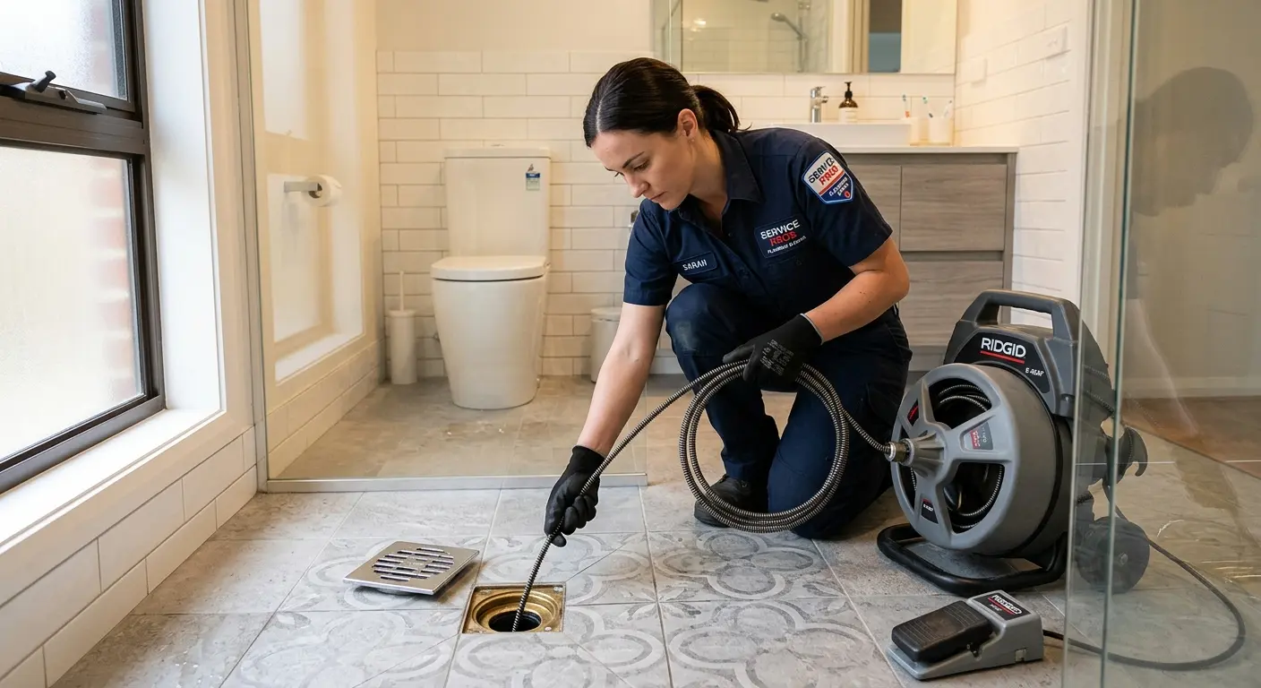 Technician clearing a bathroom floor drain for Hydro Jetting in East Hampton